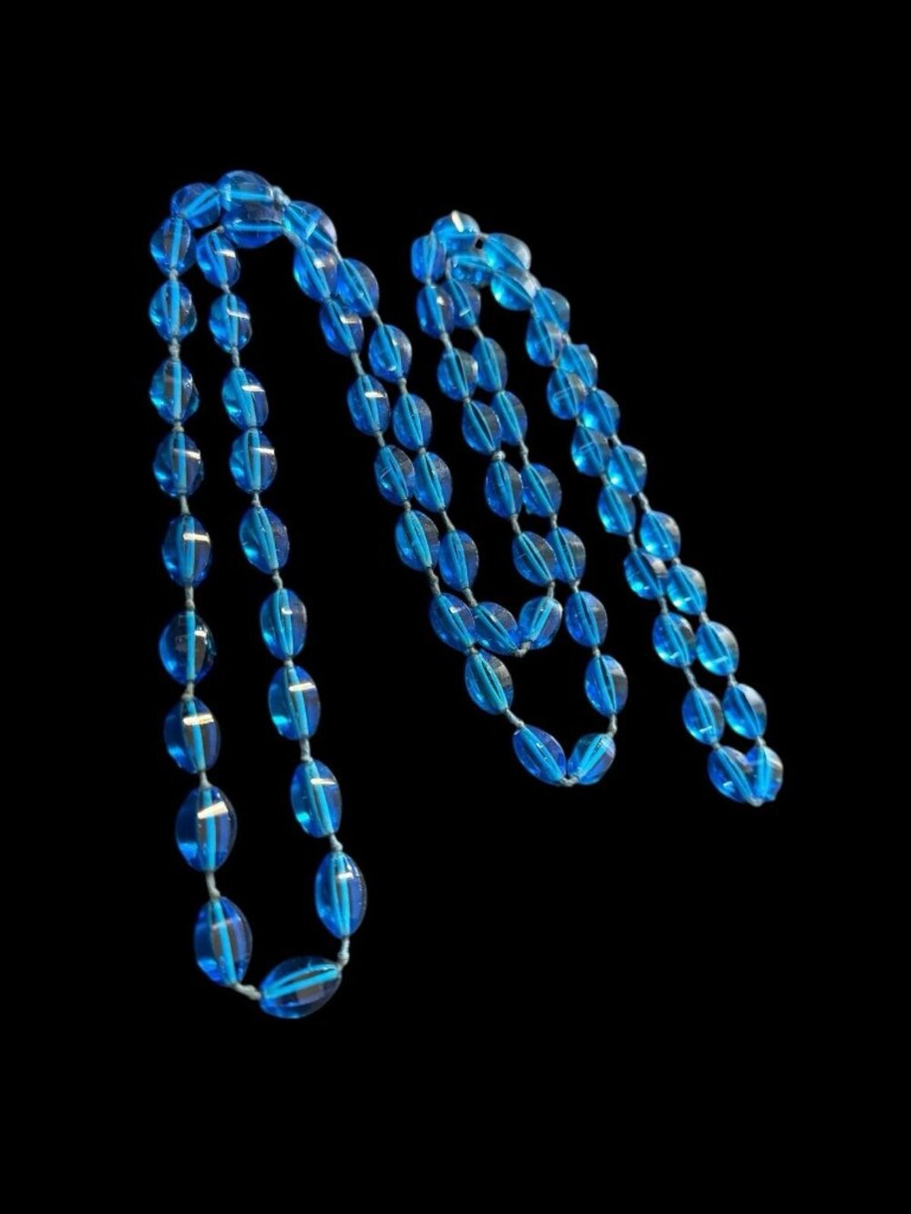 Antique Art Deco Hand Knotted Blue Czech Poured Glass Flapper Necklace 56”